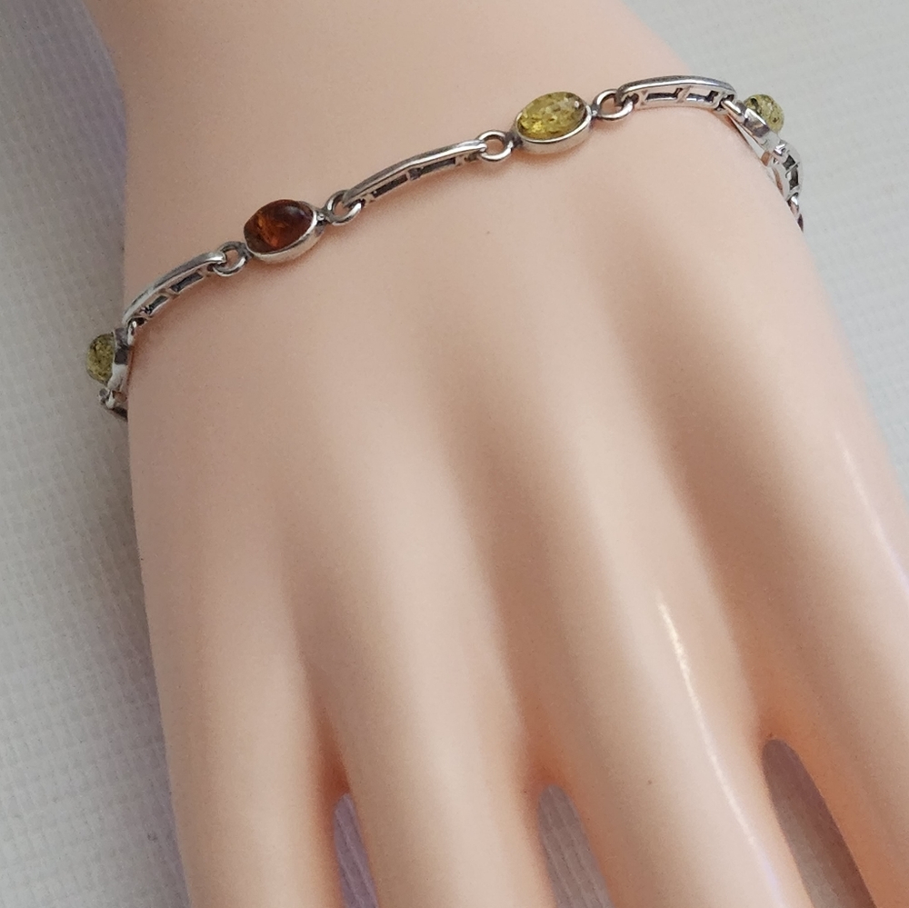 Baltic Amber multi color emerald fine 925 Sterling silver Link Bracelet
